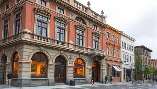 An artistic rendering of a beautifully restored heritage building exterior, highlighting the intricate architectural details, restored facade, and modern amenities seamlessly integrated into the historical structure, evoking a sense of heritage preservation and modern revitalization.