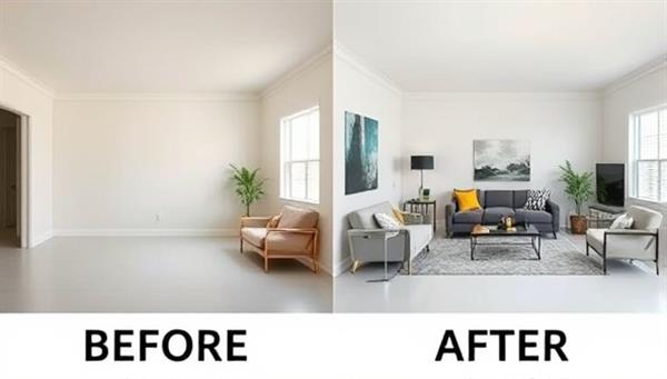 A split-screen image showcasing a room before and after virtual staging, with the 