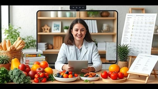 A virtual nutrition coaching session with a nutritionist discussing meal plans and dietary recommendations with a client, surrounded by fresh fruits and vegetables, recipe books, and a digital nutrition tracker, conveying healthy eating habits and personalized guidance.