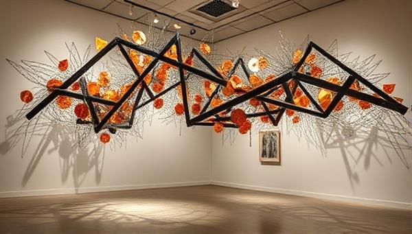 An elegant and intricate art installation made from recycled metal pieces, illuminated by soft lighting in a gallery setting, showcasing the beauty and creativity of repurposed materials in modern art.