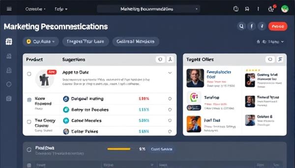An interactive marketing recommendations dashboard displaying personalized product suggestions, targeted offers, and customized content recommendations based on user preferences and behavior, illustrating the platform