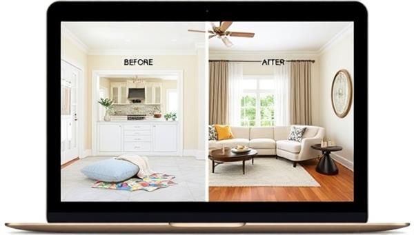A laptop displaying a beautifully designed virtual room with before-and-after photos, swatches of fabric, and stylish decor elements, illustrating the transformative power of virtual interior design consultations.