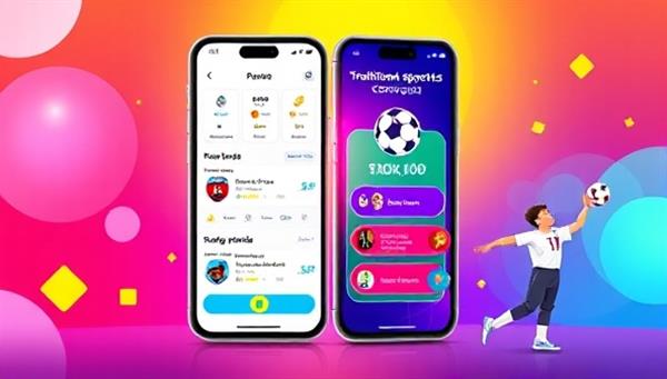 A vibrant and colorful image showcasing a mobile screen split into two sections, one displaying traditional sports betting options and the other showing gamified challenges and rewards, with animated characters engaging in competitive gameplay, highlighting the app