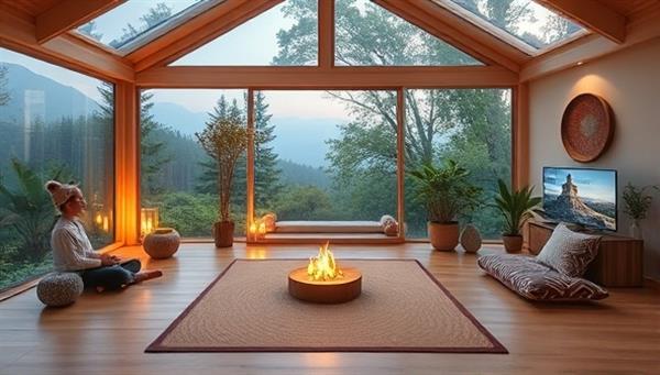 A serene virtual retreat setting with calming nature visuals, cozy meditation spaces, and group therapy sessions conducted via video conferencing, creating a peaceful and nurturing environment for mental wellness.