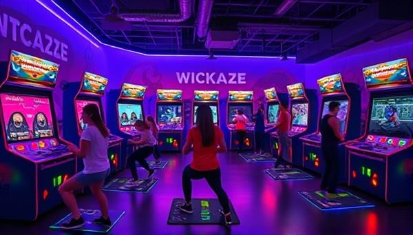 An innovative fitness studio with interactive workout stations that resemble arcade machines, featuring colorful lights, motivational graphics, and users actively engaging in gamified exercises, promoting a fun and immersive fitness experience.