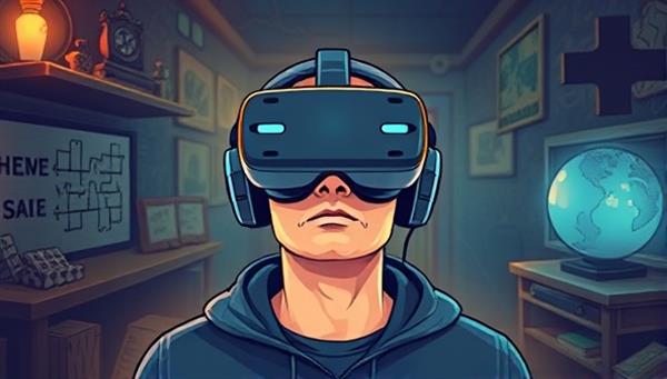 An illustration of a player wearing a VR headset, surrounded by virtual elements from an escape room scenario, such as cryptic puzzles, hidden clues, and mysterious artifacts, creating a sense of adventure and intrigue in a virtual world.