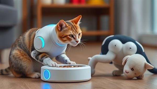An AI-powered robotic pet feeder interacting with a happy cat during feeding time, showcasing the automated and interactive nature of robotic pet care services provided by RoboCompanions.