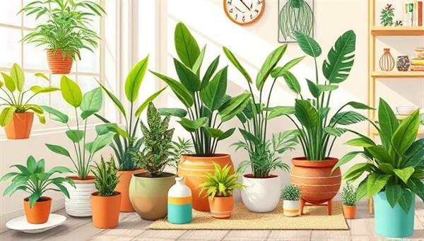 A vibrant digital illustration featuring a cozy indoor plant corner with a variety of lush green plants, stylish planters, gardening tools, and botanical decor elements, set against a backdrop of natural light and plant care essentials, creating a harmonious and inviting green oasis at GreenThumb Virtual.