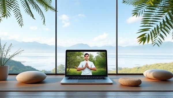 An image of a serene virtual wellness retreat setting with soothing nature backgrounds, a yoga mat, meditation cushions, and a laptop displaying a live mindfulness session, creating a tranquil and rejuvenating atmosphere for participants.