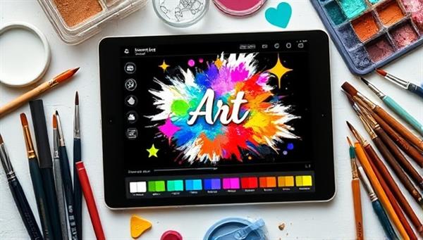 A digital tablet displaying a customizable art piece with interactive color palettes and design elements, surrounded by artistic brushes and creative tools, evoking a sense of artistic freedom and personalization.