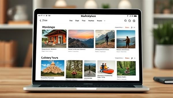 An immersive digital interface displaying a marketplace of local travel experiences on a laptop screen, featuring vibrant photos of cultural workshops, outdoor adventures, and culinary tours, with user reviews and ratings, creating a sense of wanderlust and discovery for prospective travelers.