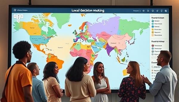 A digital interface displaying a vibrant map with interactive features for citizens to participate in local decision-making, alongside diverse individuals engaging in constructive discussions, symbolizing community empowerment.