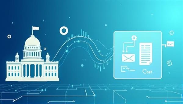 An animated infographic showing data flowing from government agencies to a transparent digital platform, symbolizing openness and accessibility.