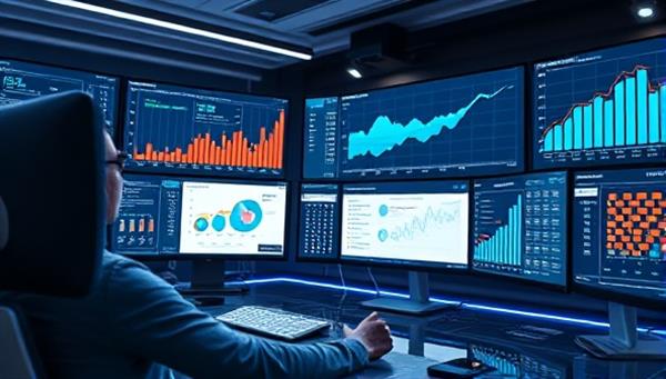 A virtual CFO analyzing financial data on multiple screens in a futuristic digital workspace, surrounded by charts and graphs, conveying expertise and strategic financial planning.