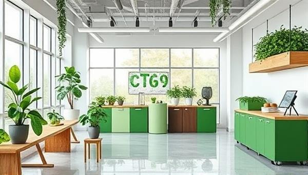 An eco-friendly office setting with sustainable design elements, recycling stations, and energy-efficient technologies, illustrating the concept of sustainable practices and environmental consciousness in the virtual sustainability consulting firm.