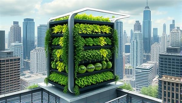 An artistic rendering of a sleek, futuristic vertical farm unit installed on a city rooftop, with lush greenery cascading down the sides against a backdrop of urban skyscrapers, illustrating a harmonious blend of technology and nature.