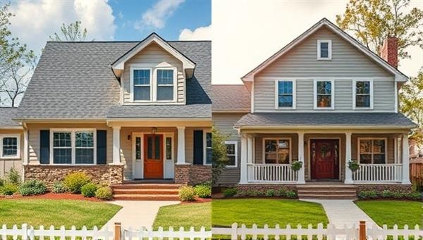 A split image of a traditional home exterior on one side and a modern smart home exterior on the other, highlighting the transformation potential of smart home renovations.