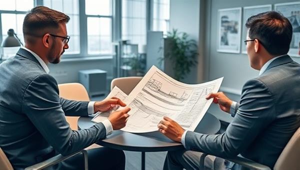 An engaging visual of a construction project consultation session with experts discussing blueprints, permits, and regulatory documents with a client in an office setting, conveying professionalism, expertise, and meticulous attention to detail at BuildRight Consult.