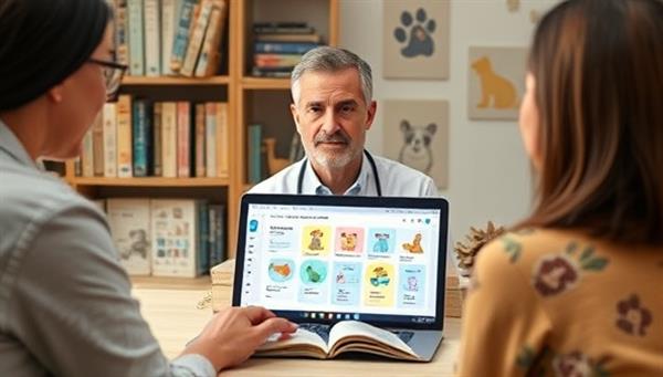 A virtual pet wellness session with a veterinarian providing telemedicine advice to a pet owner, surrounded by pet care books, a laptop displaying pet wellness resources, and cheerful pet illustrations, showcasing the caring and professional nature of virtual pet consultancy services.