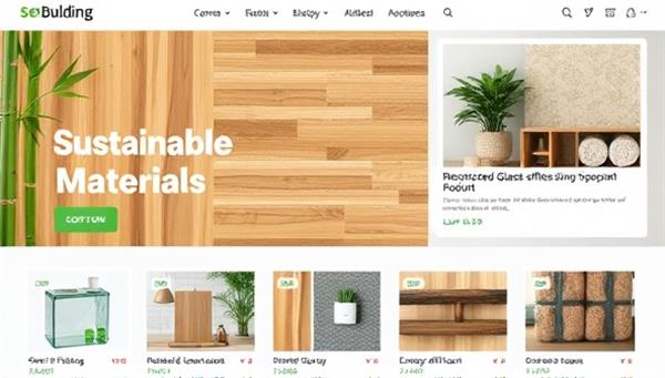 An aesthetically pleasing digital marketplace interface showcasing a variety of sustainable building materials such as bamboo flooring, recycled glass countertops, and energy-efficient insulation, highlighting the eco-friendly and stylish appeal of the products available on the platform.
