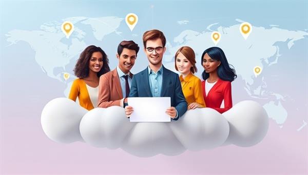 An engaging digital illustration of a diverse group of virtual HR consultants collaborating on a cloud-based platform, with virtual office backgrounds representing different global locations, symbolizing connectivity and expertise.