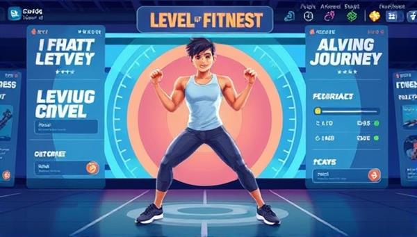 An engaging illustration of a virtual avatar performing dynamic fitness moves in a digital game environment, surrounded by motivational messages and progress indicators, inspiring users to level up their fitness journey.