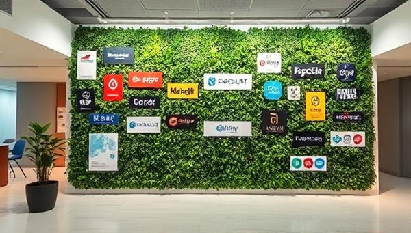 An office lobby featuring a lush and vibrant eco-advertising wall adorned with brand logos and messaging, creating a natural and inviting atmosphere while promoting sustainability and green design practices in commercial spaces.