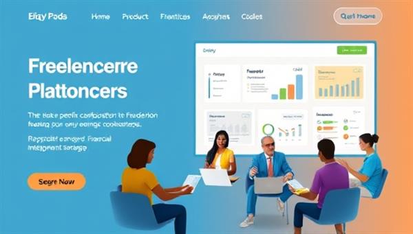 A modern platform design with freelancer-specific financial tools and resources, accompanied by a diverse group of freelancers collaborating and sharing insights on financial planning and self-employment strategies, symbolizing empowerment and financial independence in the gig economy.