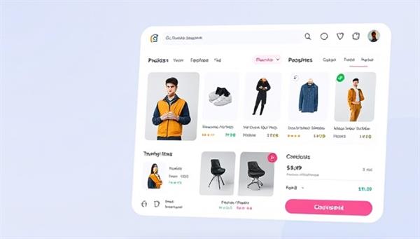 An AI-powered virtual shopping assistant displaying a sleek and user-friendly interface with personalized product recommendations, trending items, and a seamless checkout process, illustrating convenience and personalized shopping experiences.