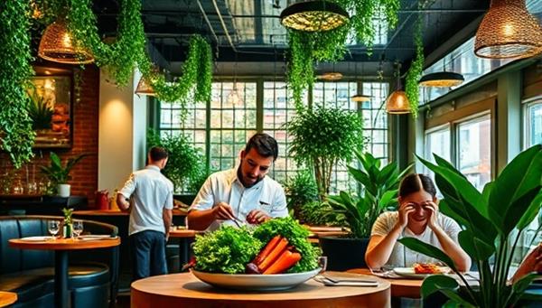 A cozy urban bistro setting with greenery cascading from the ceiling, a chef preparing a vibrant dish using freshly harvested vegetables, and diners enjoying a meal surrounded by lush plants, embodying the eco-friendly dining experience.