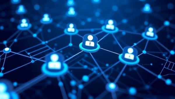 An innovative graphic depicting a digital blockchain network with secure nodes verifying identities in real-time, illustrating trust and security in insurance claims processing.