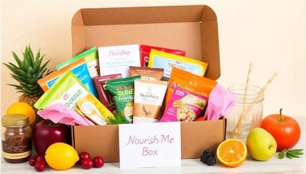 An inviting image of a beautifully arranged nutrition subscription box filled with colorful snacks, wellness products, and a personalized note, surrounded by fresh fruits and a glass of water, conveying the freshness and health benefits of the NourishMe Box service.