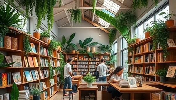 An eco-friendly bookstore and cafe interior with shelves of sustainable literature, recycled decor elements, and patrons enjoying organic coffee and browsing eco-conscious products, surrounded by lush greenery and earthy tones, creating a serene and environmentally conscious ambiance for visitors to explore and relax.