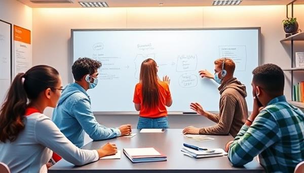 An immersive virtual study room environment with avatars of students from different backgrounds collaborating on a digital whiteboard, exchanging notes, and discussing academic topics, creating a virtual classroom ambiance.