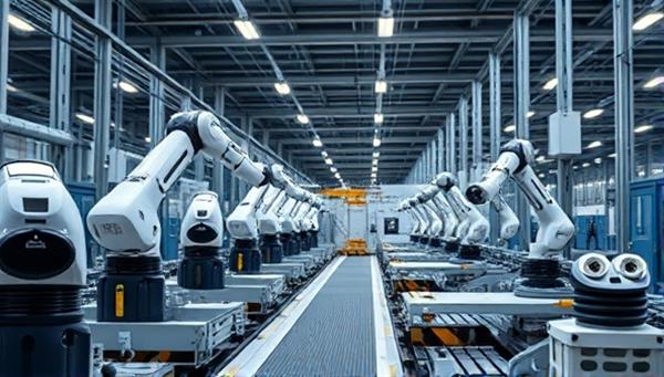 An image showing a futuristic manufacturing plant with robotic arms and sensors integrated into the production line, highlighting the concept of smart manufacturing and technology-driven efficiency.
