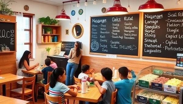 An inviting cafe setting with colorful language-themed decor, kids participating in language activities with native speakers, a blackboard displaying phrases in different languages, and a display of international snacks, creating a vibrant and educational atmosphere.
