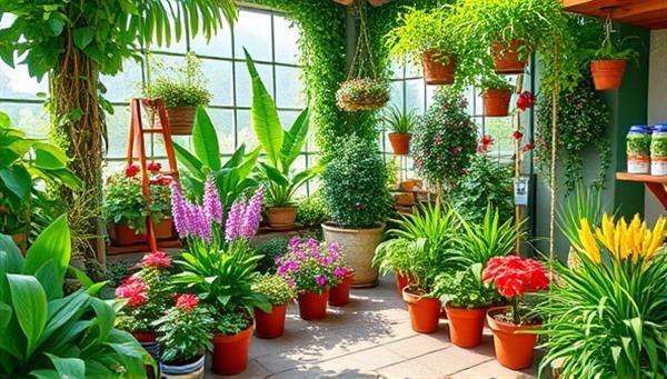 A virtual garden oasis filled with lush greenery, colorful blooms, and a variety of potted plants, creating a serene and vibrant setting for gardening workshops and plant care tutorials, encouraging participants to connect with nature and cultivate their green thumbs.