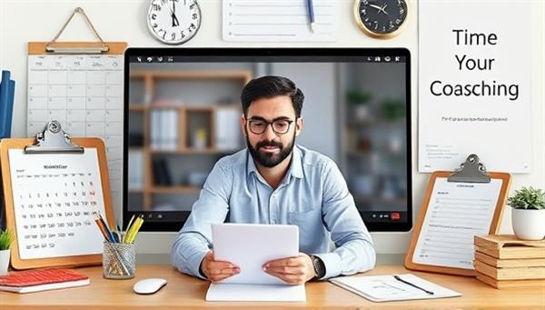 A virtual coaching session with a productivity coach guiding a client through a time management exercise, surrounded by productivity tools such as calendars, to-do lists, and motivational quotes, creating a focused and organized atmosphere.