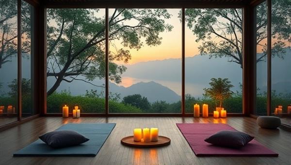 A serene virtual retreat environment with calming nature scenes, yoga mats, candles, and meditation cushions, creating a peaceful and inviting space for online wellness activities and relaxation, promoting a sense of tranquility and inner peace.