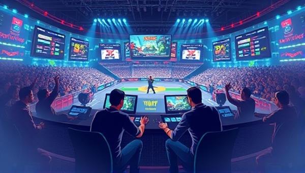 An exciting digital illustration showcasing a competitive esports match with players engaged in a skill-based game, surrounded by a virtual arena filled with cheering spectators and betting options displayed on screens, capturing the thrill of skill-based esports betting.