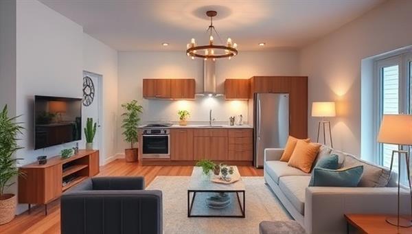 An inviting living room with energy-efficient appliances and smart home devices, showcasing a modern and sustainable lifestyle.
