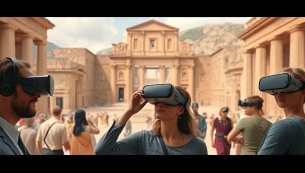 An intriguing visual of users wearing VR headsets and exploring a virtual historical site, surrounded by digital recreations of ancient architecture, artifacts, and characters, immersing them in a vivid historical experience.