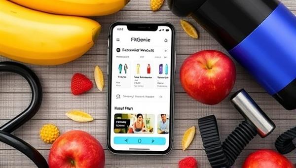A smartphone displaying the FitGenie app interface, with personalized workout suggestions and a healthy meal plan, surrounded by fitness equipment and fresh fruits, illustrating a holistic approach to health and fitness.