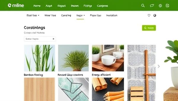 An online marketplace interface showcasing a variety of sustainable construction materials such as bamboo flooring, recycled glass countertops, and energy-efficient insulation, highlighting the eco-friendly product range.