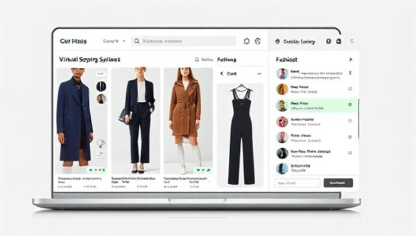 An artistic representation of a virtual shopping assistant in a sleek interface, displaying fashion items, personalized recommendations, and a chatbot feature for instant styling advice, capturing the essence of effortless and personalized virtual shopping.