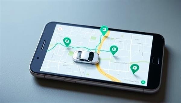 An engaging visual of a virtual map interface on a smartphone screen, displaying multiple car icons moving along interconnected routes, symbolizing the seamless matching and coordination of ridesharing through the platform.