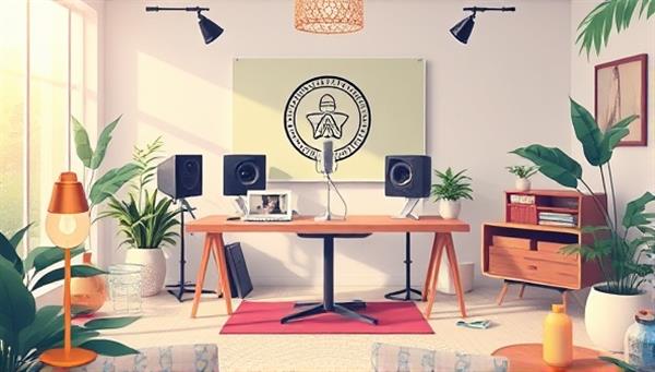 An artistic representation of a serene podcast studio surrounded by elements of nature, with calming colors and symbols of wellness, conveying the peaceful and enlightening atmosphere of the MindfulCast Network podcasts.