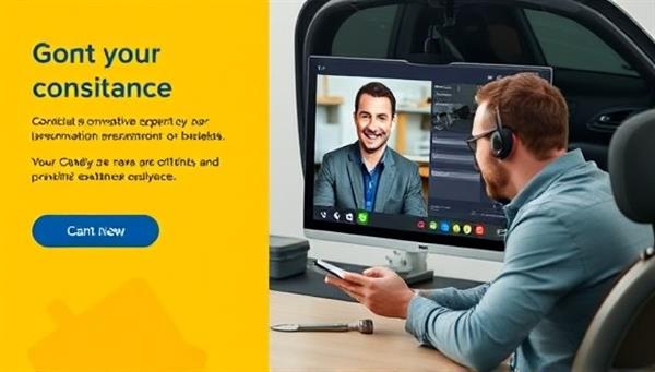 An engaging image showing a virtual consultation setup with an automotive expert on a video call, a car enthusiast taking notes, and a toolbox in the background, conveying convenience, expertise, and personalized assistance.