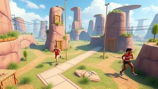 An adventurous virtual landscape featuring fitness-themed obstacles, workout stations, and avatar characters engaging in various physical activities like running, jumping, and strength training, blending the excitement of gaming with the benefits of exercise in a virtual world.