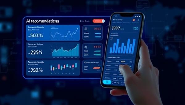 A futuristic and sleek AI assistant interface displaying financial recommendations and charts, with a user interacting with the AI assistant on a smartphone, symbolizing efficiency and modern financial planning.